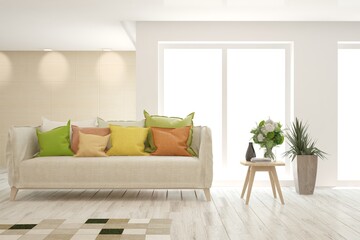White living room with colorful sofa. Scandinavian interior design. 3D illustration