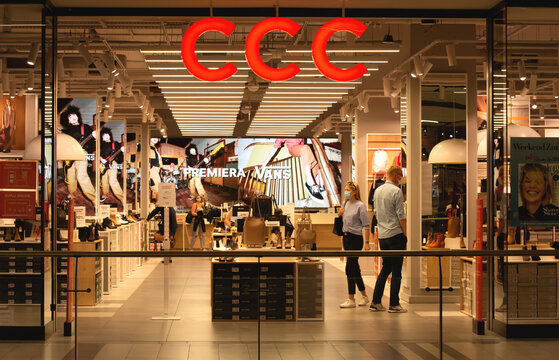 POLAND, BYDGOSZCZ - September 18, 2020: Accessories store logo and sign "CCC". Shoes and bags. Customer do shopping