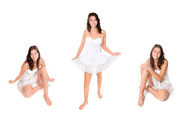 Cheerful young woman wearing a mini skirt and a white top, three photos isolated in front of white studio background
