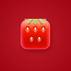 Cartoon square strawberry icon isolated on red background. 3D template of juicy fresh ripe berry. Vector illustration for juice packaging, vegetable, vegetarian natural food store, logo, mobile app