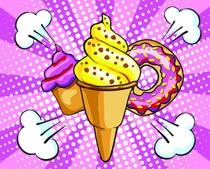 
vector illustration with donut, ice cream and cupcake desserts in comic and pop art style. Rays and clouds from the explosion