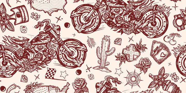 Biker motorcycle seamless pattern. Burning chopper, cactus, road, compass. Rider moto sport art. Lifestyle of racers background. Old school tattoo style