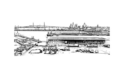 Building view with landmark of Cadiz is the city in Spain. Hand drawn sketch illustration in vector. © dhanu3182