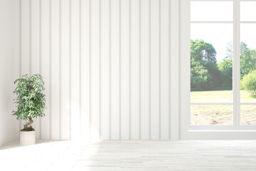 Stylish empty room in white color with summer landscape in window. Scandinavian interior design. 3D illustration
