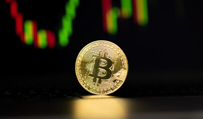 Close up golden Bitcoins mockup on tablet and stock chart background. Investment success Crypto currency Concept.