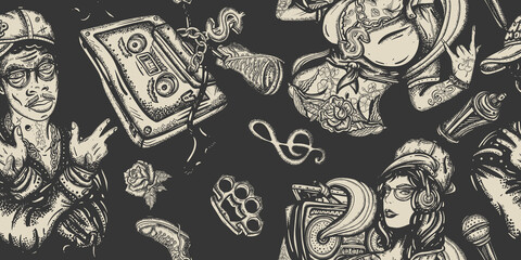 Rap music seamless pattern. Old school tattoo style. Pop culture musical background. Hip hop girl, swag woman. African American man rapper. Audio cassette, break dance art. Street ghetto lifestyle
