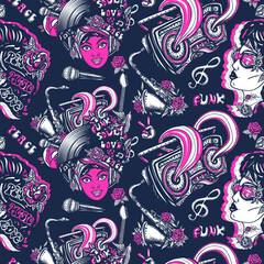 Disco, funk and soul music. Retro musical seamless pattern. Lifestyle background. Old school tattoo art. African American funky woman. Fashion hippie girl, audio type and rainbow boom box