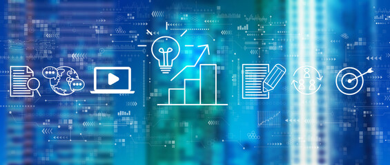 Content marketing concept with downtown skyline buildings