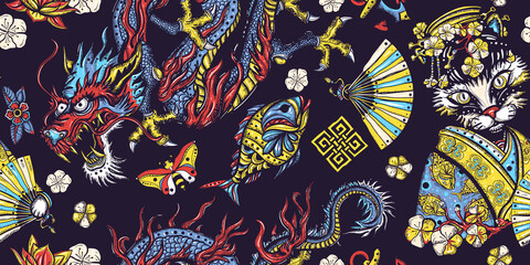 Japanese seamless pattern. Flying snakes, pink fan and sakura flowers. Asian travel background. Funny oriental art. Dragons and geisha cat. Ancient China history and culture