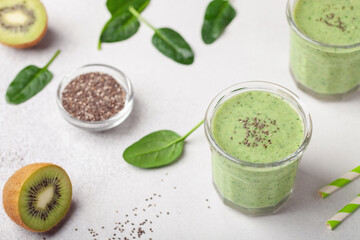 Diet drink smoothie of banana, kiwi, spinach and chia seeds. Vegan food.