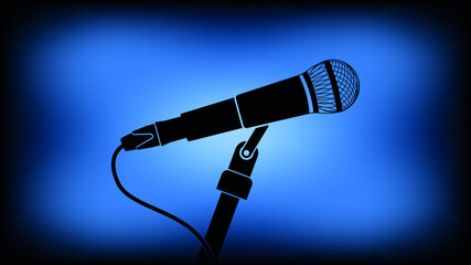 Silhouette of a musical microphone with a wire on a blue background. Invitation flyer