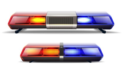 3d realistic vector set of two police car top lights in red and blue. Isolated on white background. © Real Vector