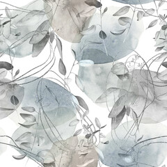 Abstract nordic print with geometric shapes, eucalyptus branches and golden elements on white background. Watercolor seamless pattern. Hand drawn  illustration. Mixed media art