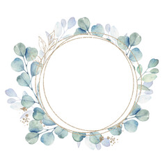 Watercolor floral frame with green and gold leaves on white background.  Eucalyptus wreath with geometrical shape for wedding stationary, greetings, wallpapers, fashion, background.