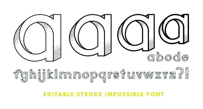 Impossible font has shadow texture. The contains 28 characters with editable strokes, meaning the strokes are not expanded and the weights can be edited.