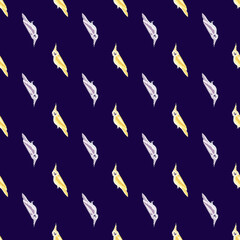 Contrast seamless pattern with light blue and yellow cockatoo parrot bird elements. Navy blue background.