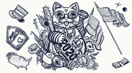 2020 concept. Unlucky lucky cat. Crazy time, great economic crisis, global epidemic. Protests in the United States. Old school tattoo graphic elements