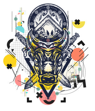 Bull Minotaur, crossed swords and spartan shield. Zine culture concept. Hand drawn vector glitch tattoo, contemporary  cyberpunk collage. Vaporwave art. Surreal pop culture style