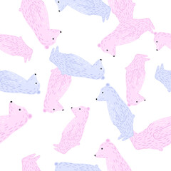Isolated seamless pattern with pink and blue colored random polar bear silhouettes ornament.