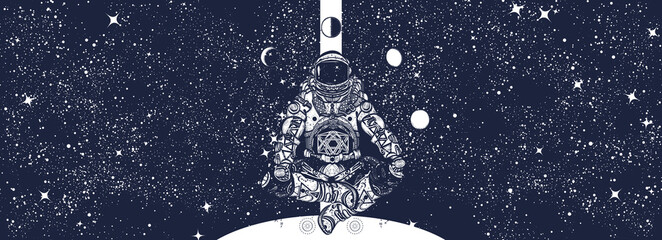 Astronaut in universe. Spaceman in a lotus pose. Humanity studies Mars planet. Symbol of study of galaxies, interstellar flights, search for inhabited worlds. Black and white surreal graphic © intueri