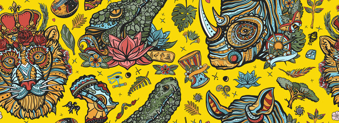 African wild animals portrait. Royal lion, evil crocodile and romantic rhino. Seamless pattern. Old school tattoo vector background. Zoo art. Safari in Africa. Traditional tattooing style