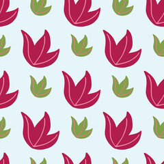 Hand drawn seamless doodle pattern with foliage leaf bush silhouettes. Pastel background. Simple design.
