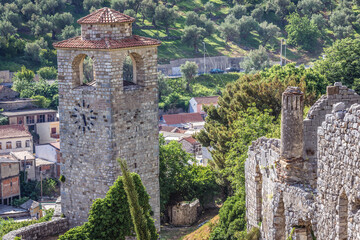 Fototapeta na wymiar Clock tower in historical fortress in Stari Bar town near Bar city, Montenegro