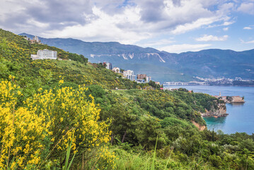 Fototapeta na wymiar View from Mogren Fortress near Budva town on the Adriatic shore, Montenegro