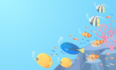 夏の海の熱帯魚のベクターイラストフレーム(コピースペース、メッセージカード)