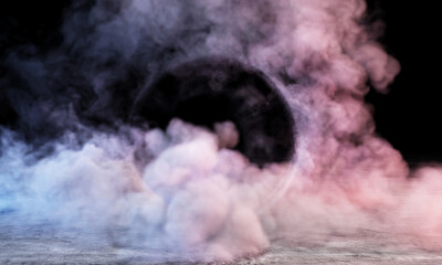 Huge smoke from car wheel burnout at concrete dark background - 417153180