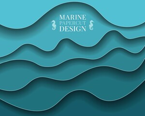 Paper cut Abstract art background 3d layer blue color sea waves, ocean water,river,lake.Template marine texture with wavy lines pattern.Vector cover,flyer,textile print,banner, poster,card,wallpapers
