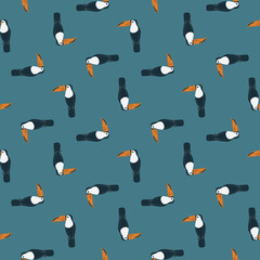Geometric exotic seamless pattern with zoo toucan bird silhouettes. Blue pale background. Animal print.