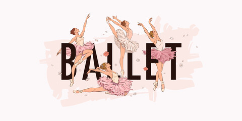Ballet school dance studio landing web page, concept banner design template. Vector illustration of ballerinas - obrazy, fototapety, plakaty