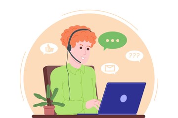 Fototapeta na wymiar Call center, customer service, support and assistance landing page. Hotline man operator with headsets and laptop. Concept of telemarketing and consultation. Cartoon vector illustration.