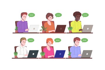 Call center, customer service, support and assistance landing page. Hotline man and woman operator with headsets and laptop. Concept of telemarketing and consultation. Cartoon vector illustration.
