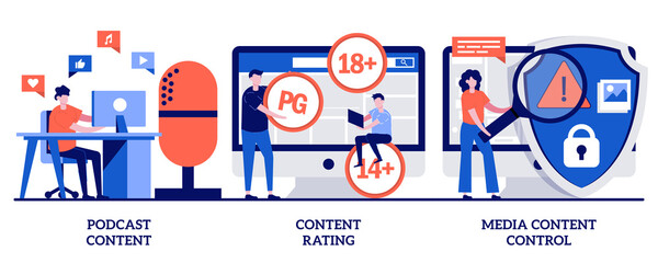 Fototapeta premium Podcast content rating, media content control concept with tiny people. Engaging marketing abstract vector illustration set. Promotion strategy, monetization, games and apps, user guidelines metaphor