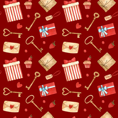 Seamless pattern on a burgundy background for the design of printed products in the form of postcards, packaging paper wallpaper textiles. Watercolor elements for wedding decoration or Valentine
