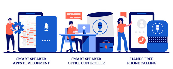 Smart speaker apps development, office controller, hands-free phone calling concept with tiny people. Voice assistant vector illustration set. Internet of things, voice command software metaphor