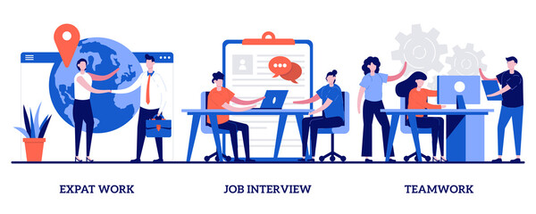 Expat work, job interview, teamwork concept with tiny people. Employment stages abstract vector illustration set. Recruitment service searching candidates, coworkers business meeting metaphor