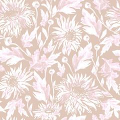 Calm pastel gentle floral seamless pattern with chrysanthemum in full bloom. Hand drawn flowers blossom in freehand style. Botanical elements for package, textile, wallpaper, , bedding, clothes.