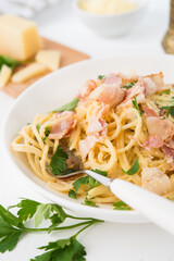 Spaghetti carbonara with bacon-traditional Italian dish