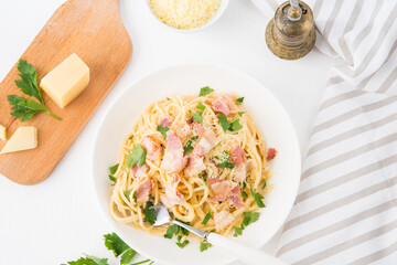 Spaghetti carbonara with bacon-traditional Italian dish