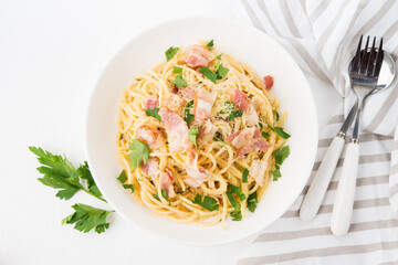 Spaghetti carbonara with bacon-traditional Italian dish