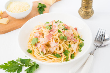 Spaghetti carbonara with bacon-traditional Italian dish