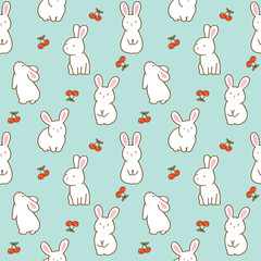 Seamless Pattern with Rabbit and Cherry Illustration Design on Green Background