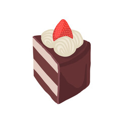Piece of chocolate cake with whipped cream and strawberry. Vector illustration.