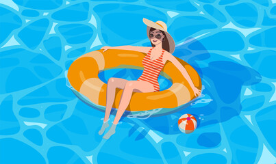 The girl bathes. Floats on an inflatable ring. Vector.