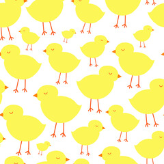 Cute chicken seamless pattern. Easter yellow chickens on white background. Cartoon pattern in yellow colors. Wrapping paper, Easter decor, invitations. textile.