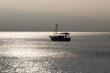 boat on the sea, morning fishing.