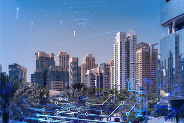 Panoramic view skyscrapers. Modern cityscape of the capital of the Emirate of Dubai. Technology concept. Double exposure.